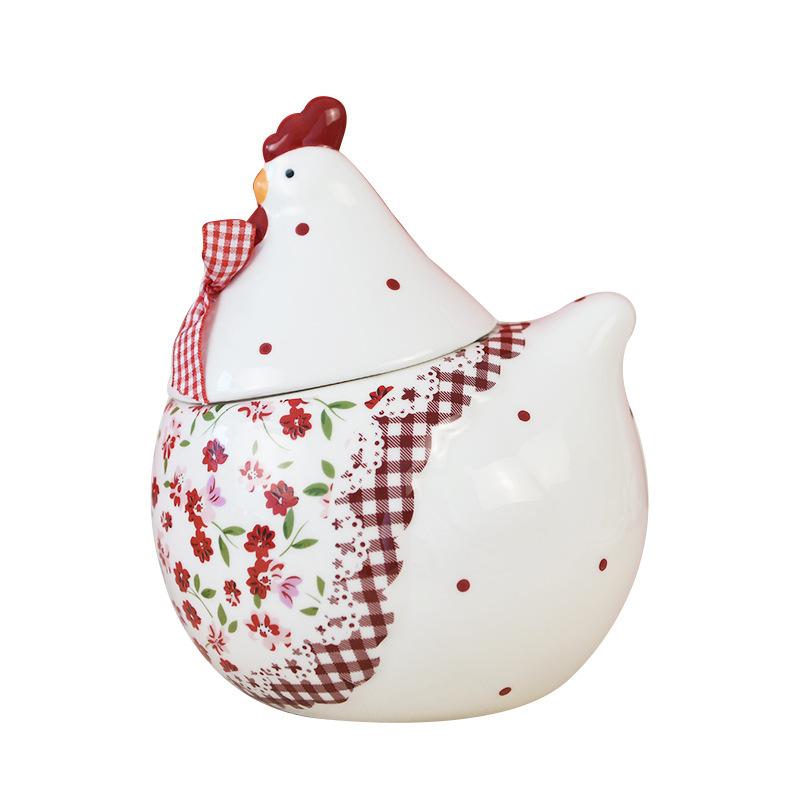 Tableware red floral chicken ceramic sealed jar ceramic storage jar creative chicken shaped storage jar Easter