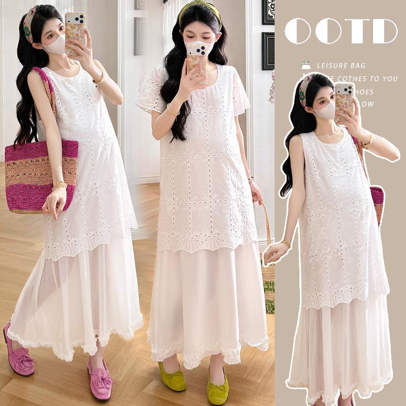 2026 Summer Fashion: Elegant Korean Style Maternity Dress with French Embroidery and Lace M