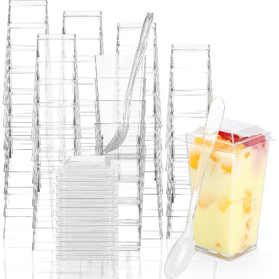 EASERCY 50 Pack 3 oz Square Mini Dessert Cups with Lids and Spoons Clear Dessert Shooter Cups with Spoons Parfait Cups with Lids Appetizer Cups for