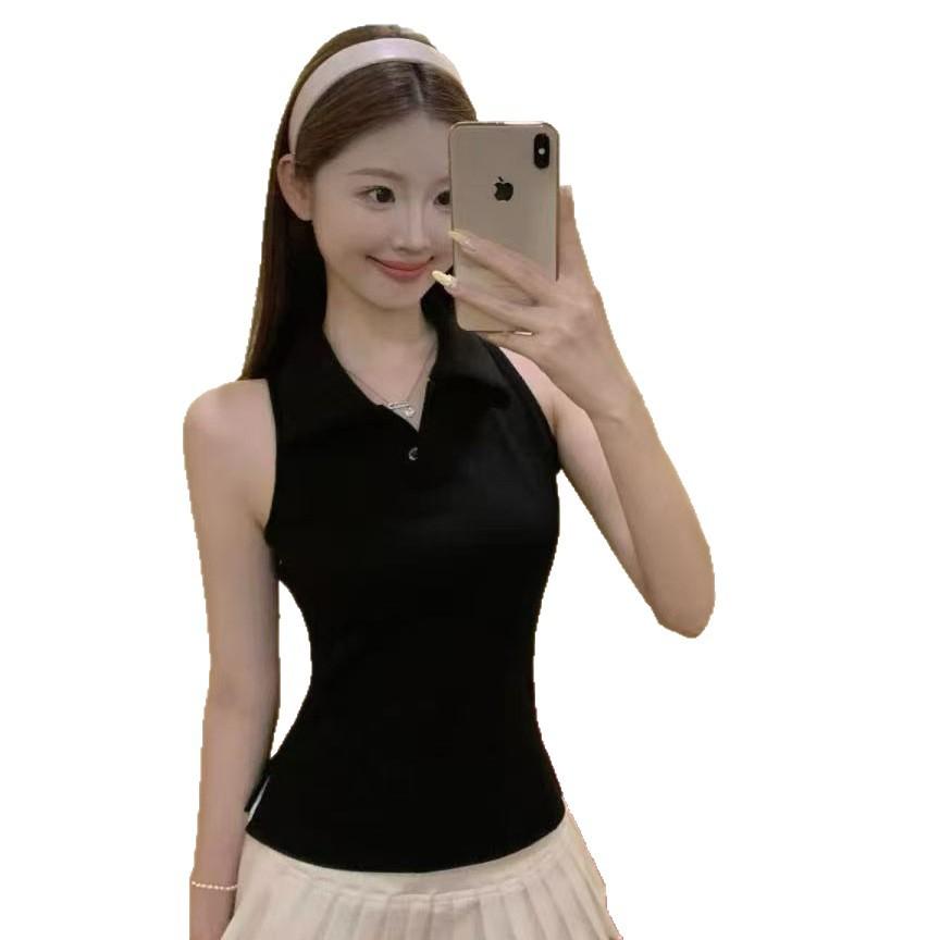 Early spring beauty back sleeveless polo collar suspender vest women with chest pad sexy slim sport bottoming top