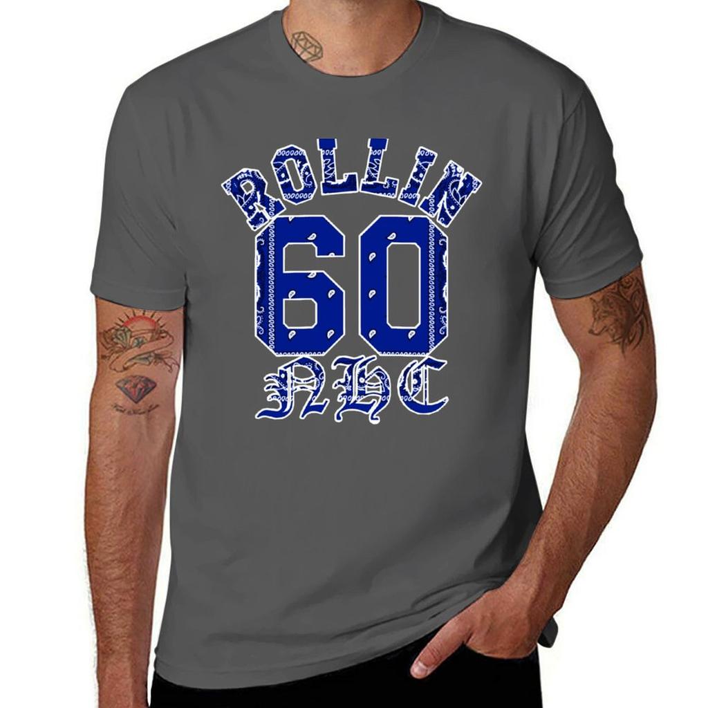 Rollin 60 NHC Neighborhood Crips Blue Bandana T-Shirt basketball graphic tees blue archive mens plain t shirts