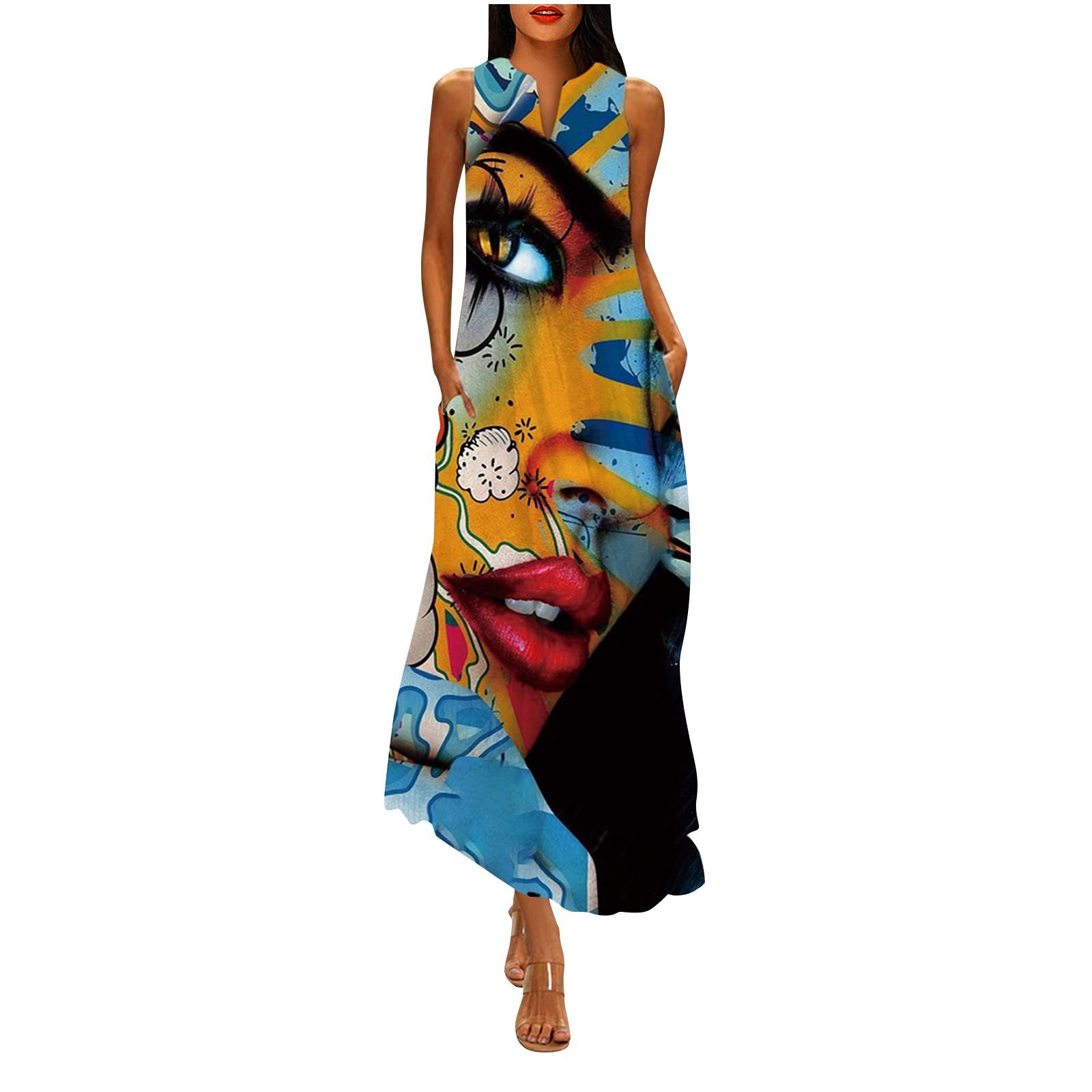 

Women s Fashion Casual Retro Print V Neck Multicolor Long Sexy Sleeveless Dress XXXXL