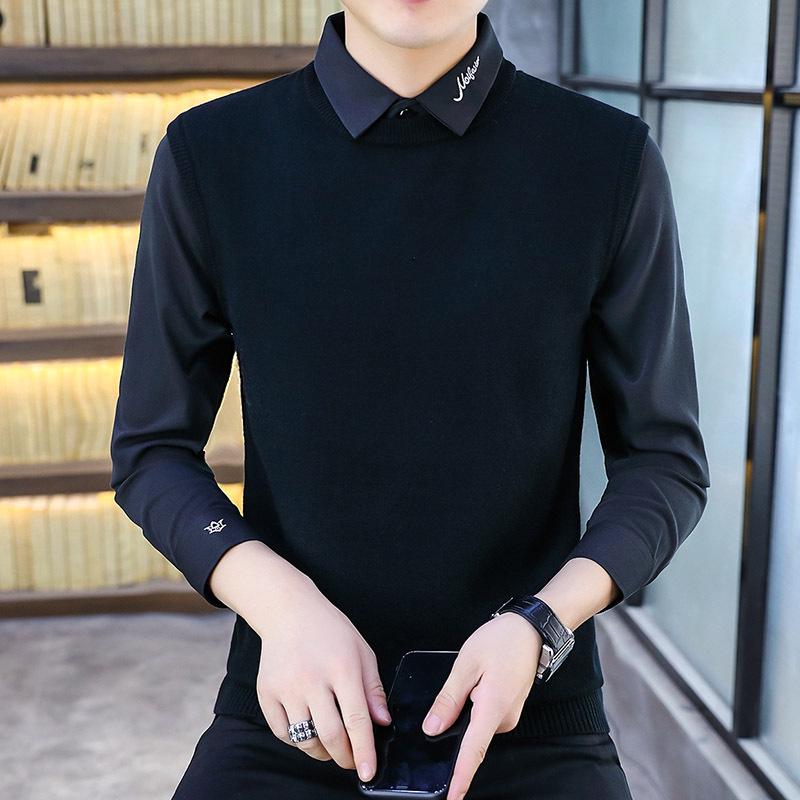 Men s Korean Style Slim Fit Solid Color Fake Two-Piece Knit Sweater with Shirt Collar M