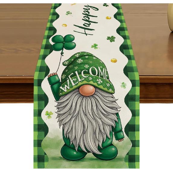 St.Patrick's Day Green Shamrocks Buffalo Plaid Table Runner 13x72 Inch Spring Holiday Clover Kitchen Dining Table Decor for Indoor Outdoor Farmhouse