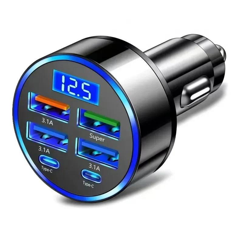 Fast Car Charger 6USB Ports Digital Display LED Cigarette Lighter Adapter Multi-Port Quick Charge For iPhone Samsung Xiaomi