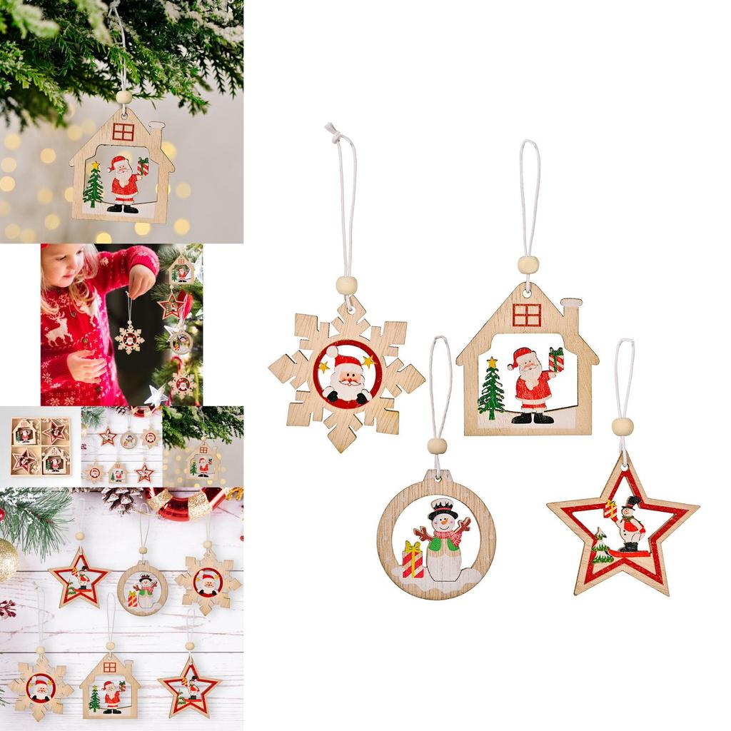 Festive Christmas Wooden Ornaments Set Of Twelve Including Santa And Snowflakes