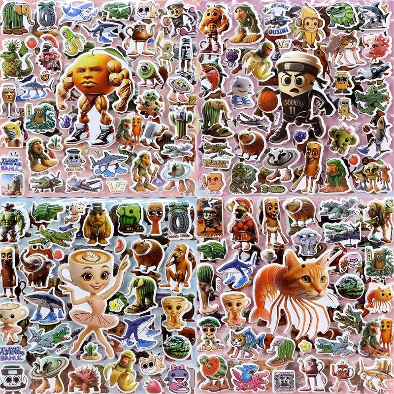 1 Sheet Diy Bike Laptop Tung Tung Tung Sahur Double Layered 3D Decals Italian Brainrot Animals Bubble Stickers For Kids Gift