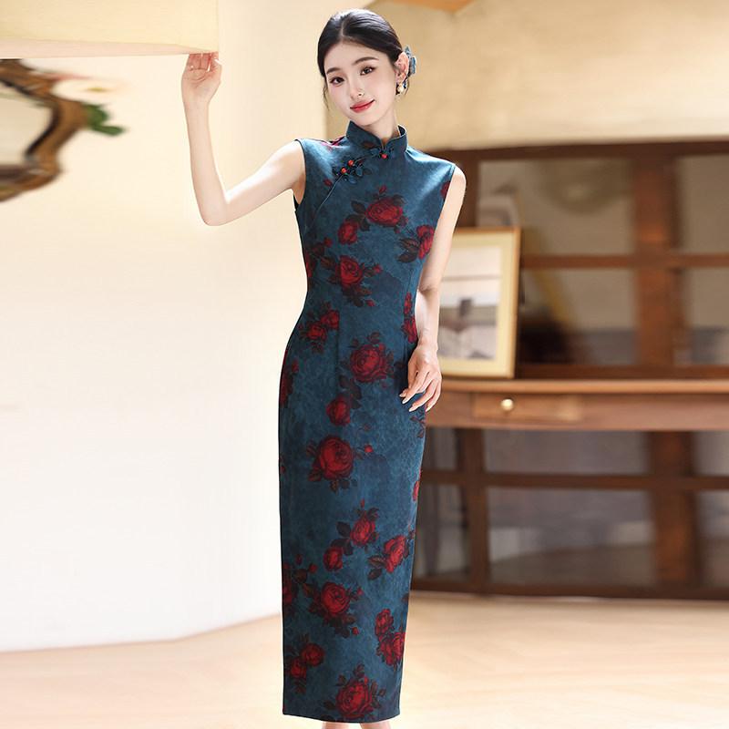 Blue sleeveless national style new Chinese daily Suzhou long cheongsam improved young 1011 new women's high sense