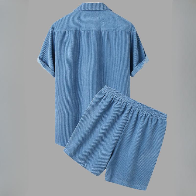Completo Sportivo Casual da Uomo in Velluto a Coste Monocolore Estivo con Camicia a Maniche Corte e Pantaloncini