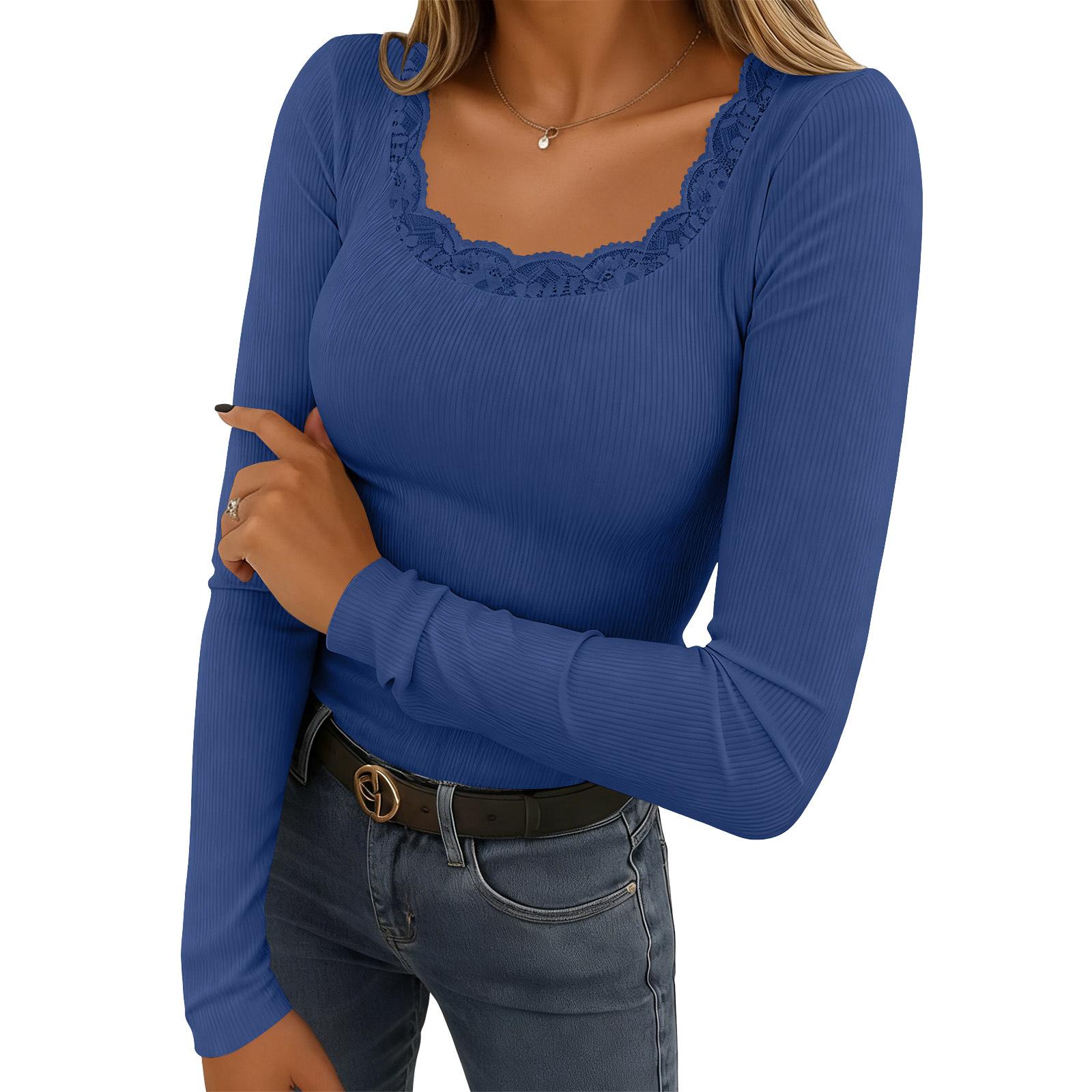 

Women s Casual Color Lace Stitching Square Collar Long Sleeve Top L синій