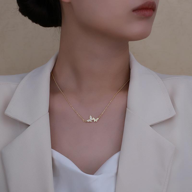 New Product Hot Sale Double Butterfly Necklace for Women High-end Micro-inlaid Jewelry Clavicle Chain