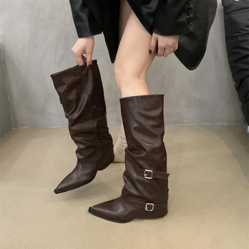 fashion Vintage Pleated Women Knee High Boots Fashion Pointed Toe Modern Long Booties Autumn Winter Square Heels Ladies Shoes
