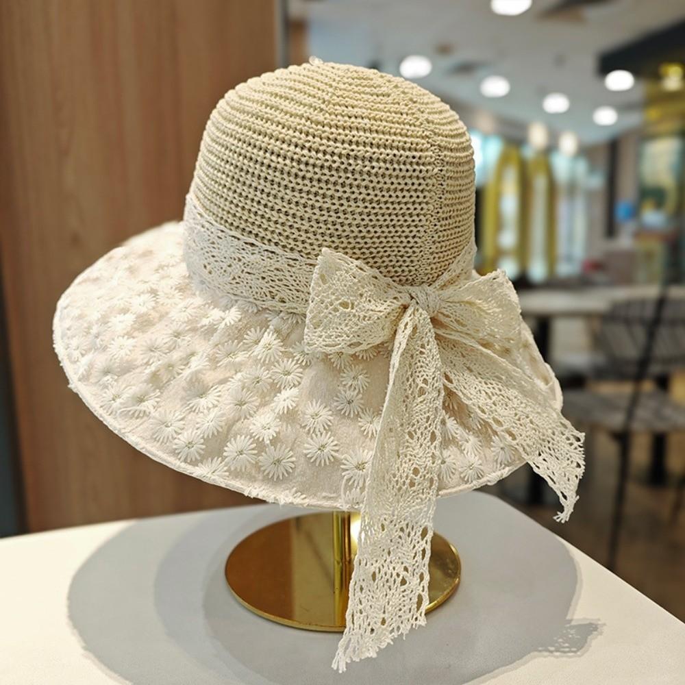 Lace Ribbon Bow Straw Bucket Hat UV Protection Beach Hat Straw Sun Hat  Outdoor Beach Travel бежевый