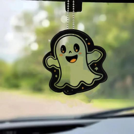 Halloween Car Rearview Mirror Charm Cartoon Bat/Cat/Ghost/Witch Acrylic Pendant 2D Flat Auto Interior Accessories for Cat Backpack Phone