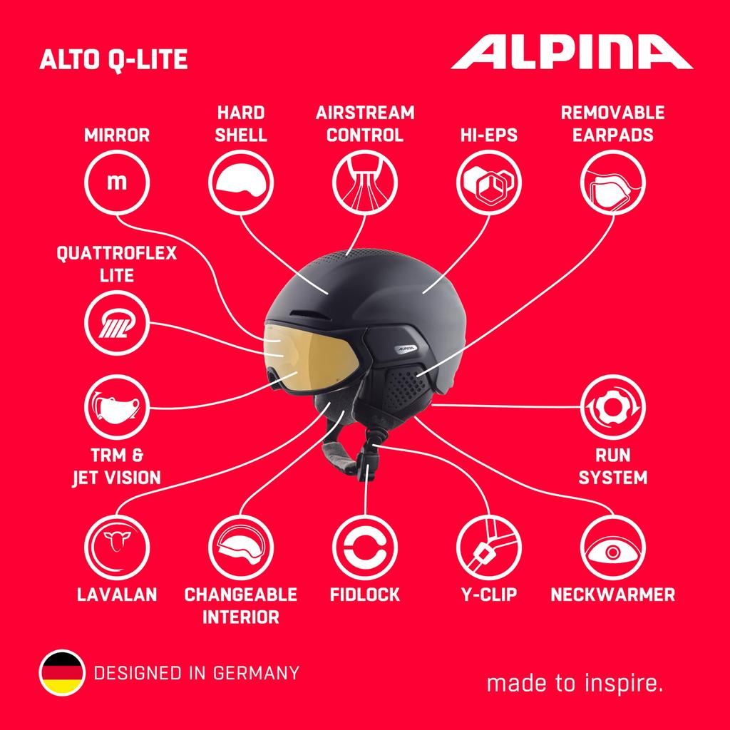 ALPINA ALTO Ski and Snowboard Visor Helmet with Mirror Eyeglass Adjustable Size Q-LITE Visor, Compatible, (59-63 Cm)