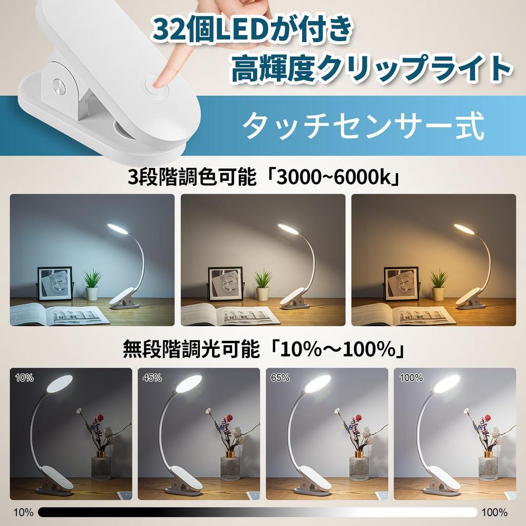 Clip-on LED Rechargeable Desk Lamp, Cordless, Table Lamp with 3 Color Temperature Settings and Stepless Dimming, Compact Stand Light, Reading Lamp,