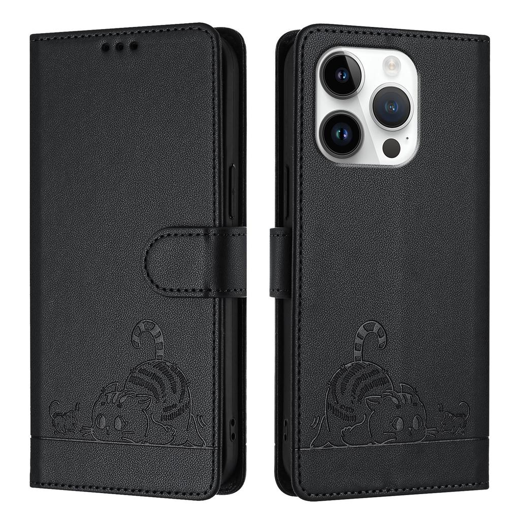 For iPhone 16 Pro Max Case with Strap RFID Blocking Leather Wallet Phone Cover Cat Mouse Pattern