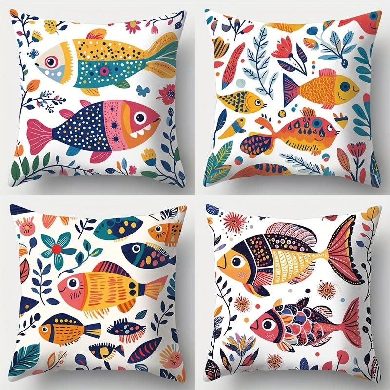 Colorful Fish Throw Pillow Covers, Tropical Double-Sided Printed Cushion Cases, Coastal Beach Decor For Bedroom Living Room