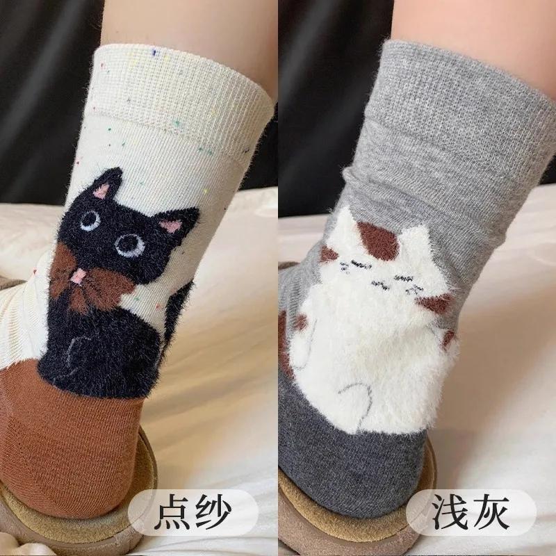 Autumn Vintage White Kawaii Socks Women Cute Cartoon Cat Pattern Middle Tube Socks Japanese Soft Cotton Winter Warm Floor Sock