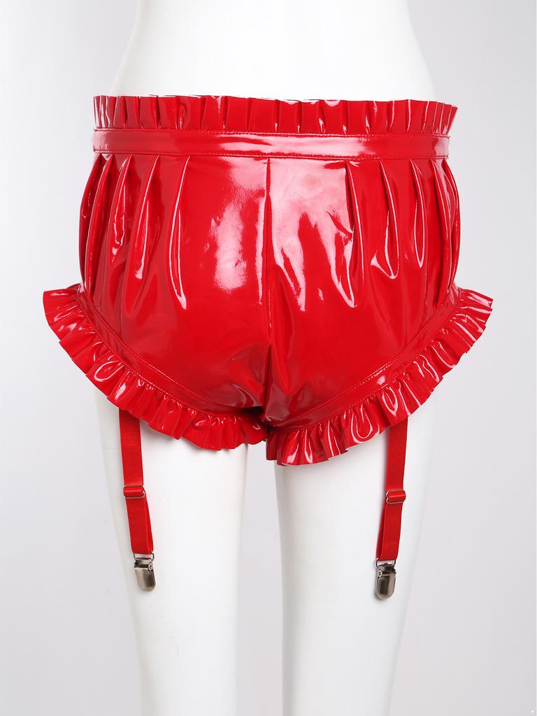 Women's Wet Look PU Leather Briefs S-3XL: Ruffled Trim Ruched Bloomer Shorts with Garter Clips Glossy Nightwear for Nightclub Rave Party
