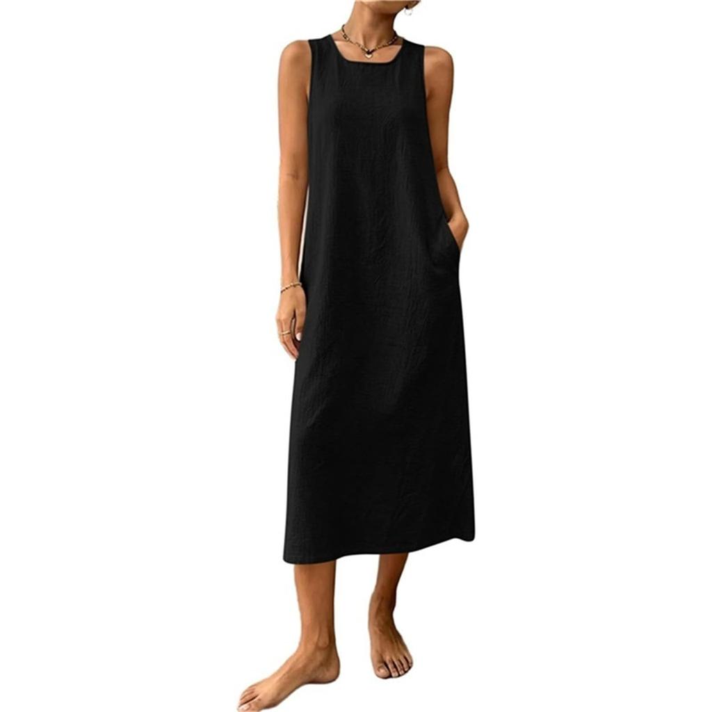 Women's Sleeveless Casual Color Cotton Linen Dress for Summer Everyday Wear