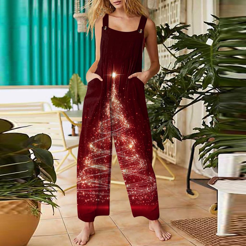 Women's Casual Jumpsuit Sleeveless Christmas Printed Cotton Jumpsuit