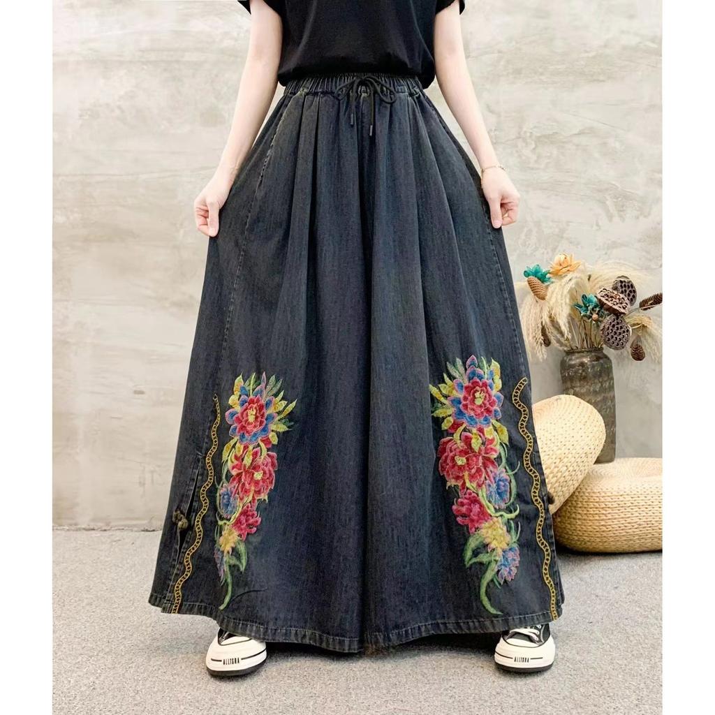 Vintage Style Embroidered Denim Pants Women Autumn Loose Plus Size High Waist Wide Leg Pants Streetwear Casual Jeans 2025