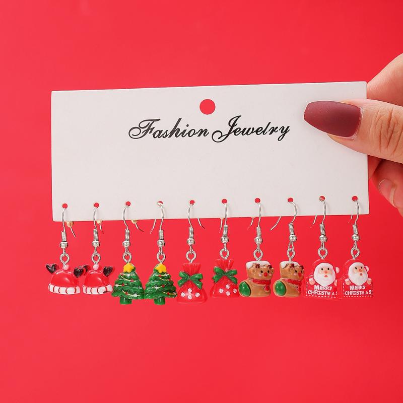 5 пар Рождественская серия Мультяшные смоляные пряничные человечки Рождественская елка Набор серег Милые праздничные подарочные аксессуары