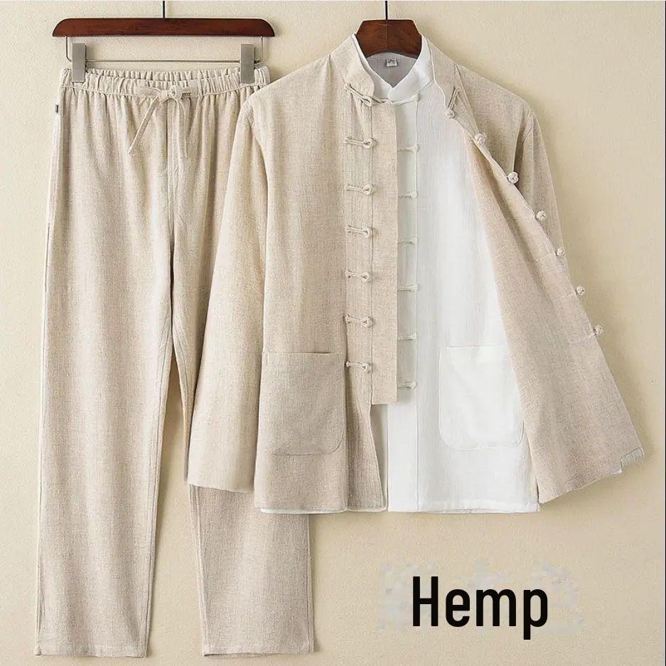 Spring/Summer Vintage Chinese Tang Suit: Classic Button-Down Cotton Linen Two-Piece with Stand Collar for Middle-Aged Men