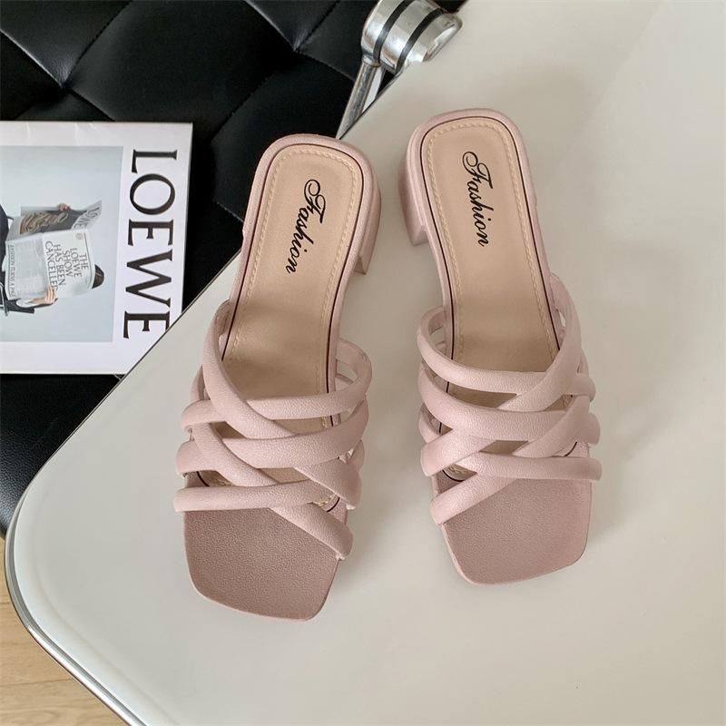 Fashion Slippers Women's 2025 Summer New Outer Wear Medium Heel Solid Color Hollow Casual Beach Thick Heel Cool Slippers Women's