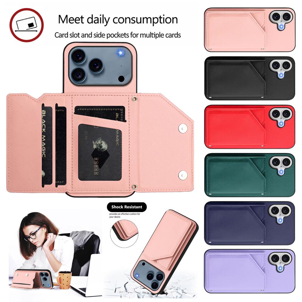 Card Holder Back Case For iPhone Air 17 16E 16 15 14 Plus 13 Mini 12 11 Pro Max Magnetic Button-Flip Leather Wallet Phone Cover