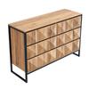 The sideboard and the chest of drawers are characterized by a combination of black and natural wood tones, metal legs and raised doors.