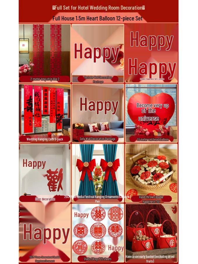 Ensemble de Décoration de Chambre de Mariage Nuptial avec Double Bonheur Sans Trace pour Hôtels et Salons