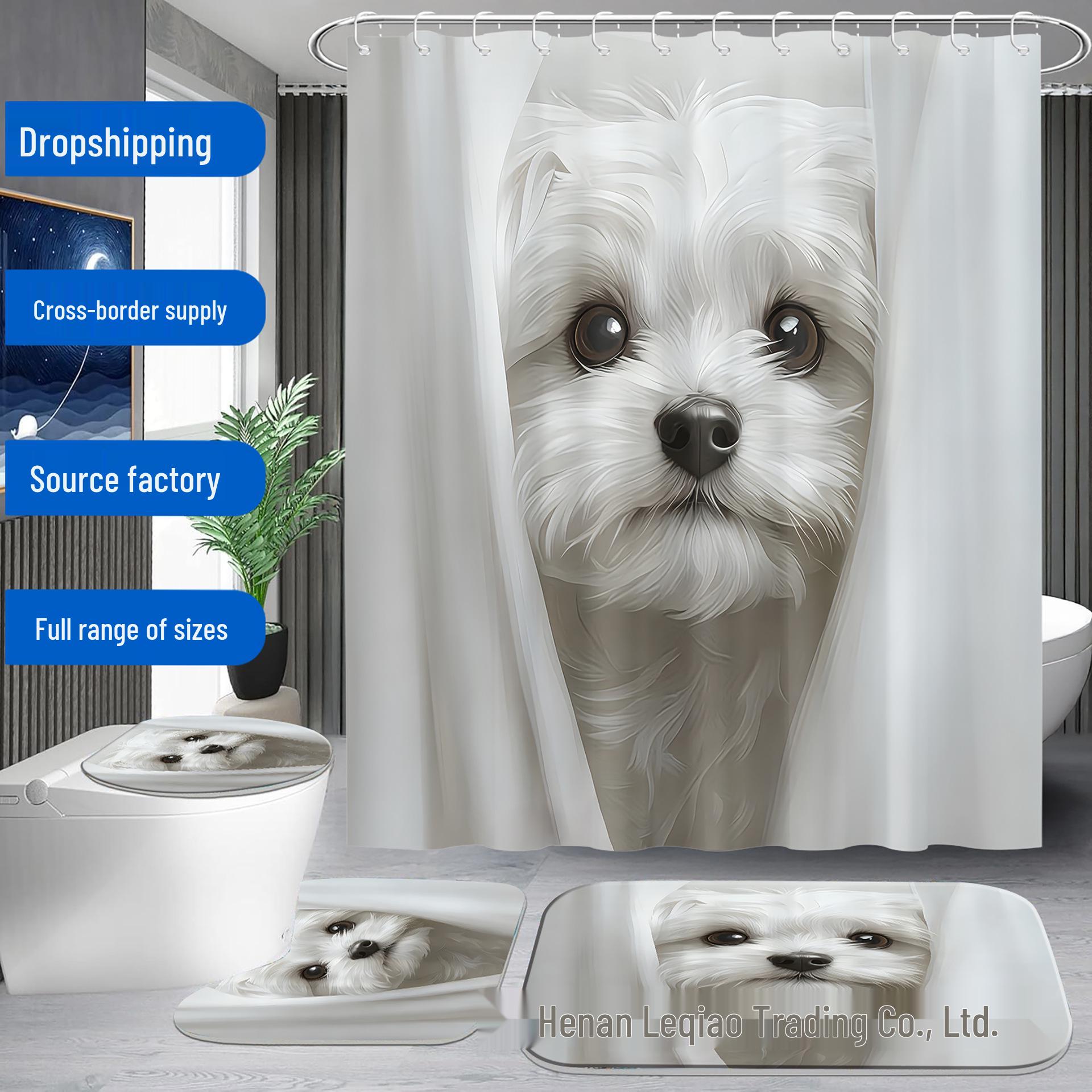 

White Puppy Bathroom Set: Includes Shower Curtain, Non-Slip Bath Mat, Toilet Lid Cover, and 12 Hooks. Includes 12 Hooks цветочный