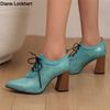 Women Pumps Pointed Toe Lace-up Thick Heel Platform Brogue Student Carved Retro Lace-Up Classic Spring Autumn New