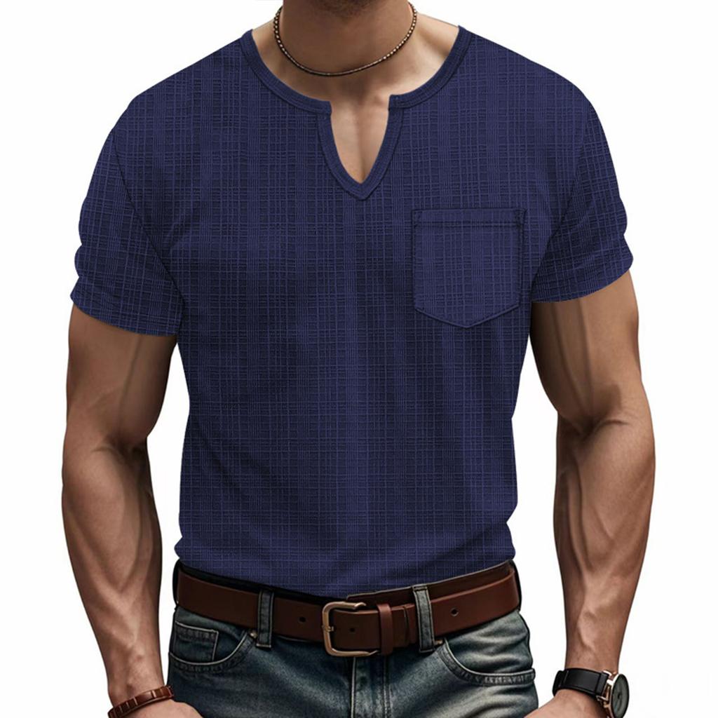Men’s Short Sleeve Henley T Shirt with Chest Pocket Casual Lightweight Textured Fabric Notched Neckline Top