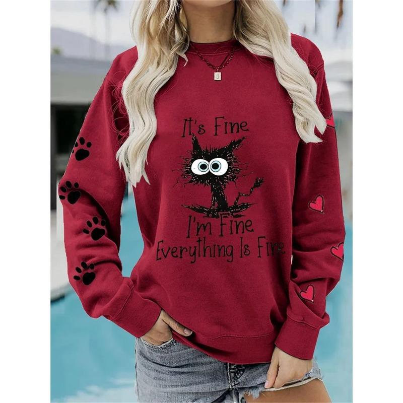 

Женский спортивный свитер повседневный европейский размер повседневный уличный узор с принтом кота круглый вырез плюс толстовка с длинными рукавами M
