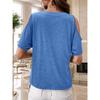 Women Round Neck Half Button Cold Shoulder Short Sleeve Solid Casual Blouse Top