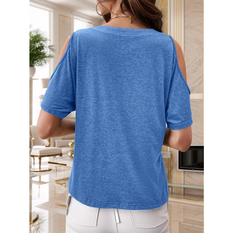 Women Round Neck Half Button Cold Shoulder Short Sleeve Solid Casual Blouse Top