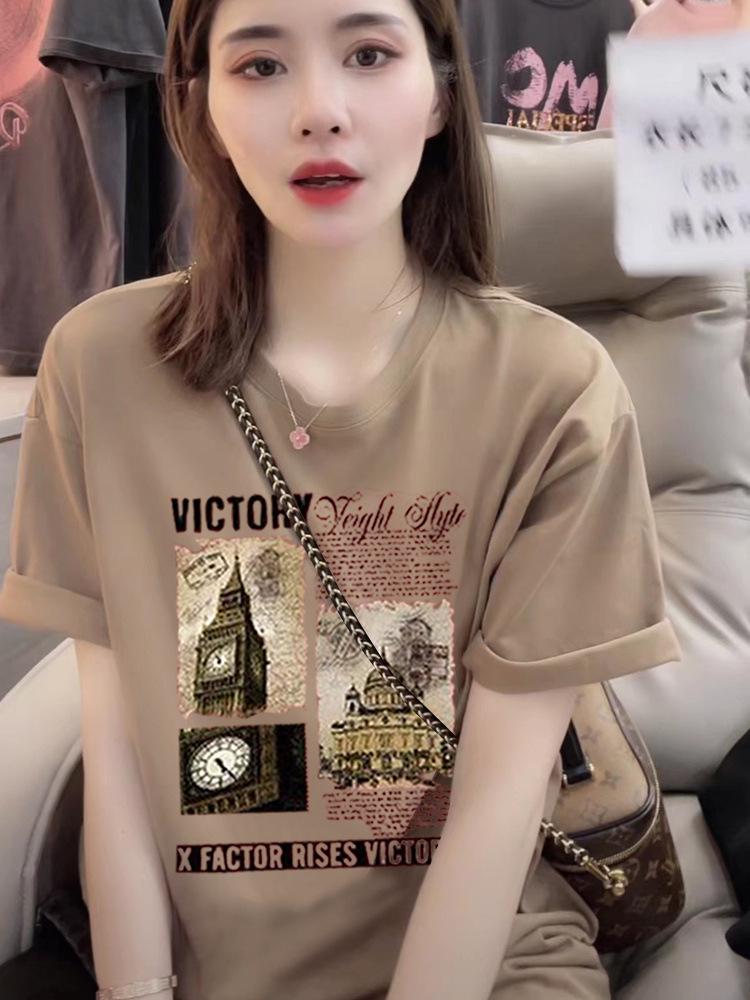Women's Khaki Short-Sleeved Oversized Retro T-Shirt - European & American Summer Style