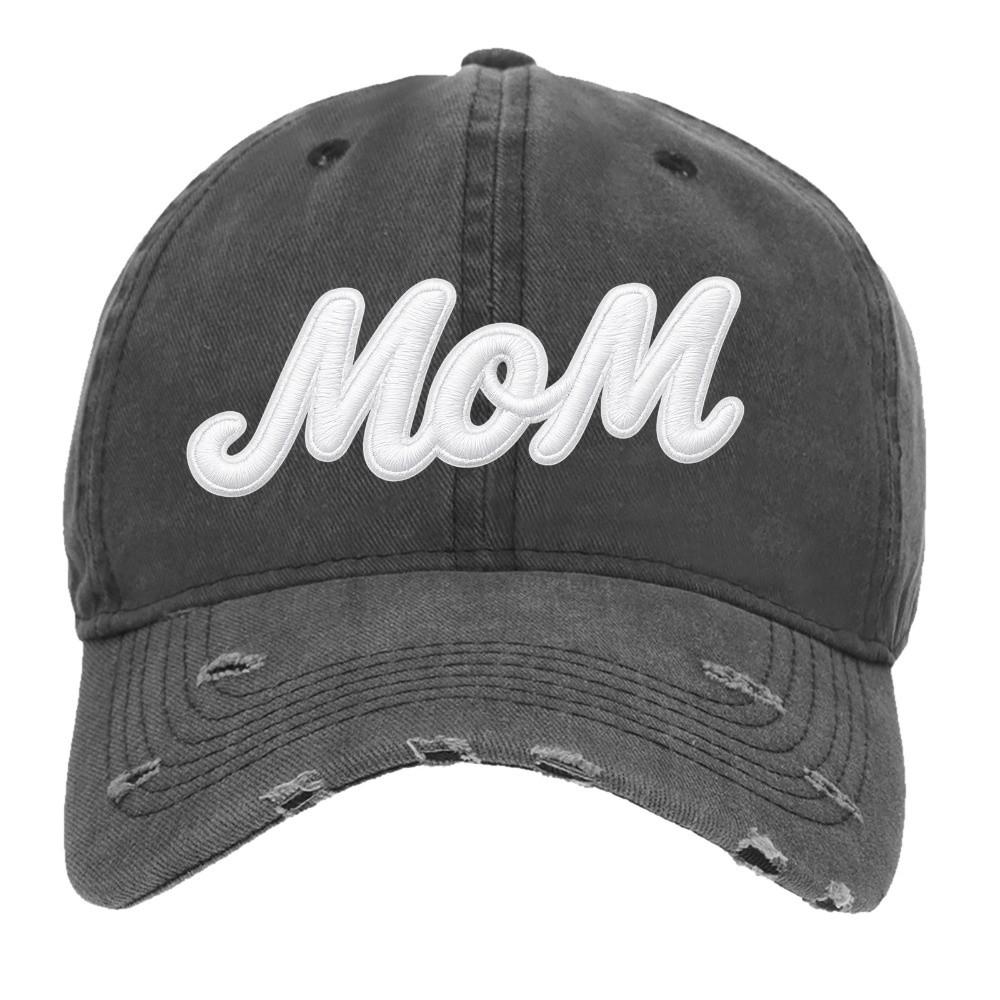 Distressed Washed MOM DAD Baseball Cap Ripped Brim Sun Cap Washed Cotton Dad Hat Family Matching MOM-Black