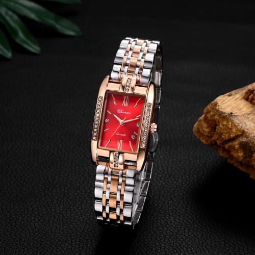 Women's Square Diamond Watch: Dainty Replica Watch with Zirconia, Roman Numerals, Quartz Movement, Calendar, Date Display, Stainless Steel Strap, Red,