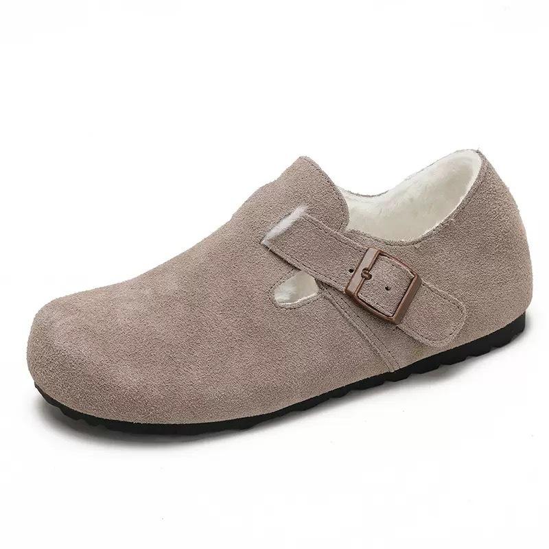 Leather Velvet Birkenstocks, Women'S Autumn Winter Wool Cotton Shoes, Snow Boots, One Pedal, All-Inclusive Birkenstocks, Low Heels And Wear-Resistant