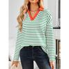 Spring Autumn Women's Striped V-Neck Loose Sweatshirt Lapel Sweatshirt