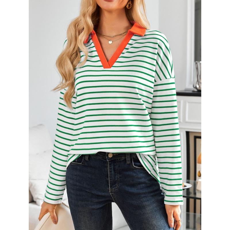 Spring Autumn Women's Striped V-Neck Loose Sweatshirt Lapel Sweatshirt