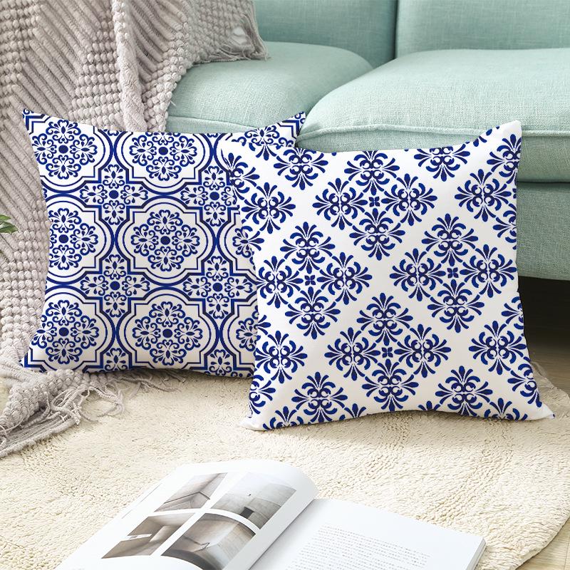 Peach Skin Pillowcase Blue and White Porcelain Geometric Print Abstract Sofa Cushion Cover Office Waist Pillow Cover