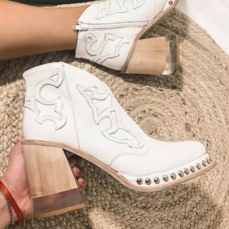 New Women Boots Fashion Autumn Versatile Women Shoe Printed Ethnic Coarse Heel Ankle Boot Large Casual Retro Simple Leather Boot