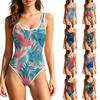 Women Swimsuit Tropical Leaf Print Scoop Neck Bathing Suit High Cut Backless for Beach Pool Vacation