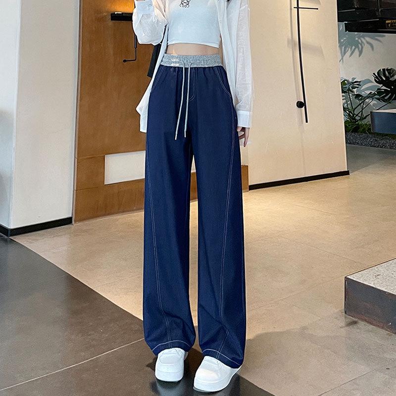 Plus Size Women's Dark Blue Wide Leg Jeans with Contrast Stitch & Drawstring High Waist