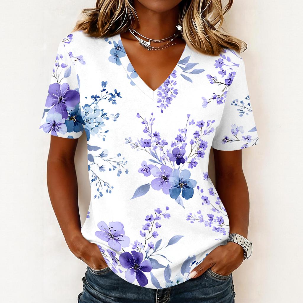 Women's fashionable casual short-sleeved floral print V-neck pullover top